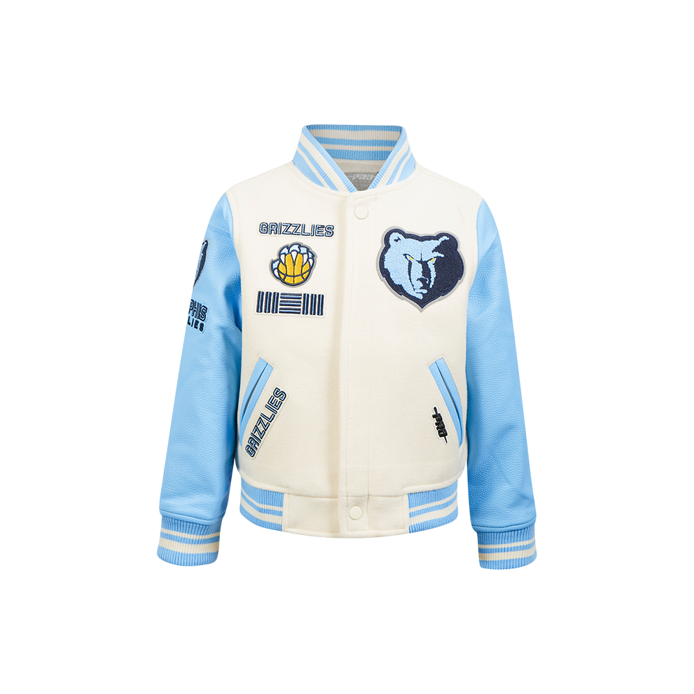 NBA MEMPHIS GRIZZLIES RETRO CLASSIC BLOUSON COLLÉGIAL EN LAINE À BORDS CÔTELÉS POUR GARÇON ENFANT (COQUILLE D'ŒUF/BLEU UNIVERSITÉ)