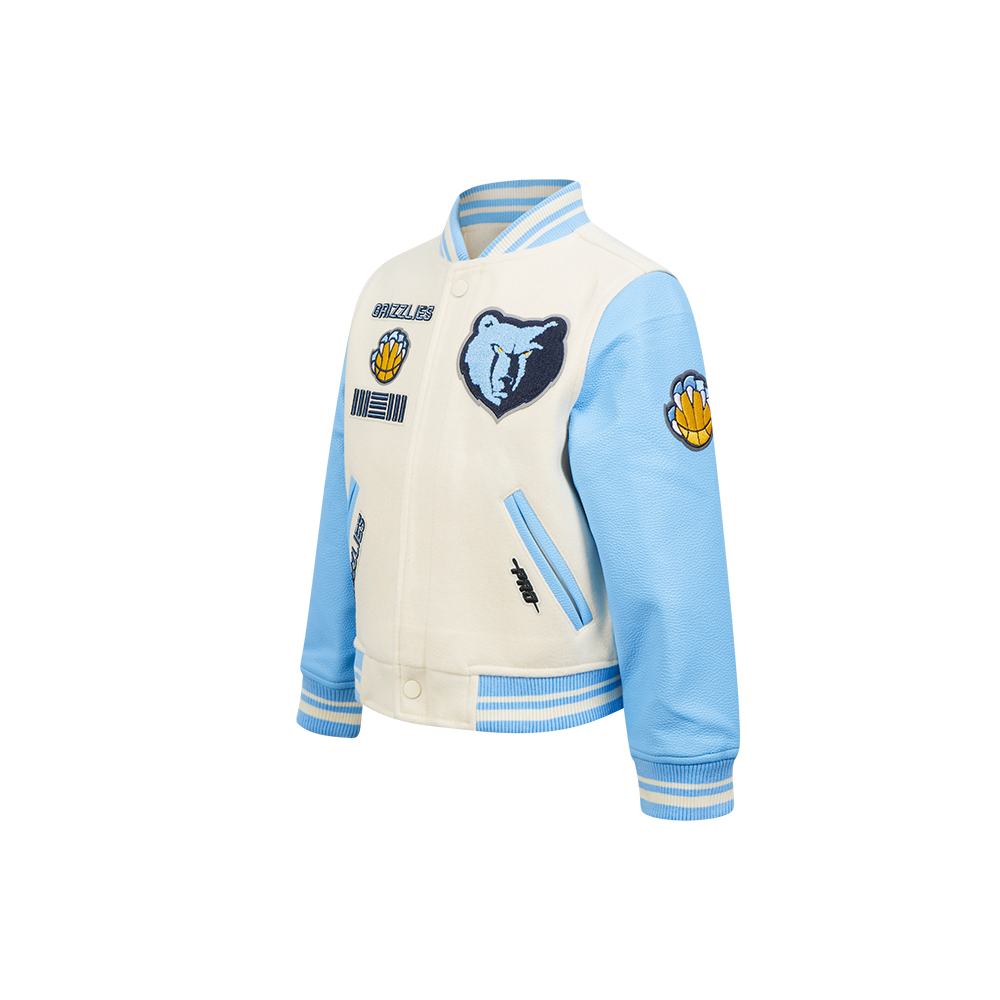 NBA MEMPHIS GRIZZLIES RETRO CLASSIC BLOUSON COLLÉGIAL EN LAINE À BORDS CÔTELÉS POUR GARÇON ENFANT (COQUILLE D'ŒUF/BLEU UNIVERSITÉ)