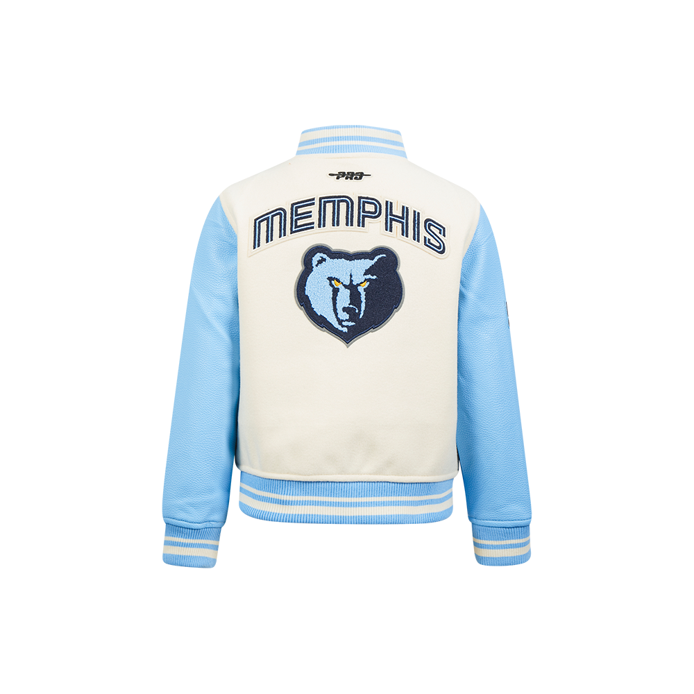 NBA MEMPHIS GRIZZLIES RETRO CLASSIC BLOUSON COLLÉGIAL EN LAINE À BORDS CÔTELÉS POUR GARÇON ENFANT (COQUILLE D'ŒUF/BLEU UNIVERSITÉ)