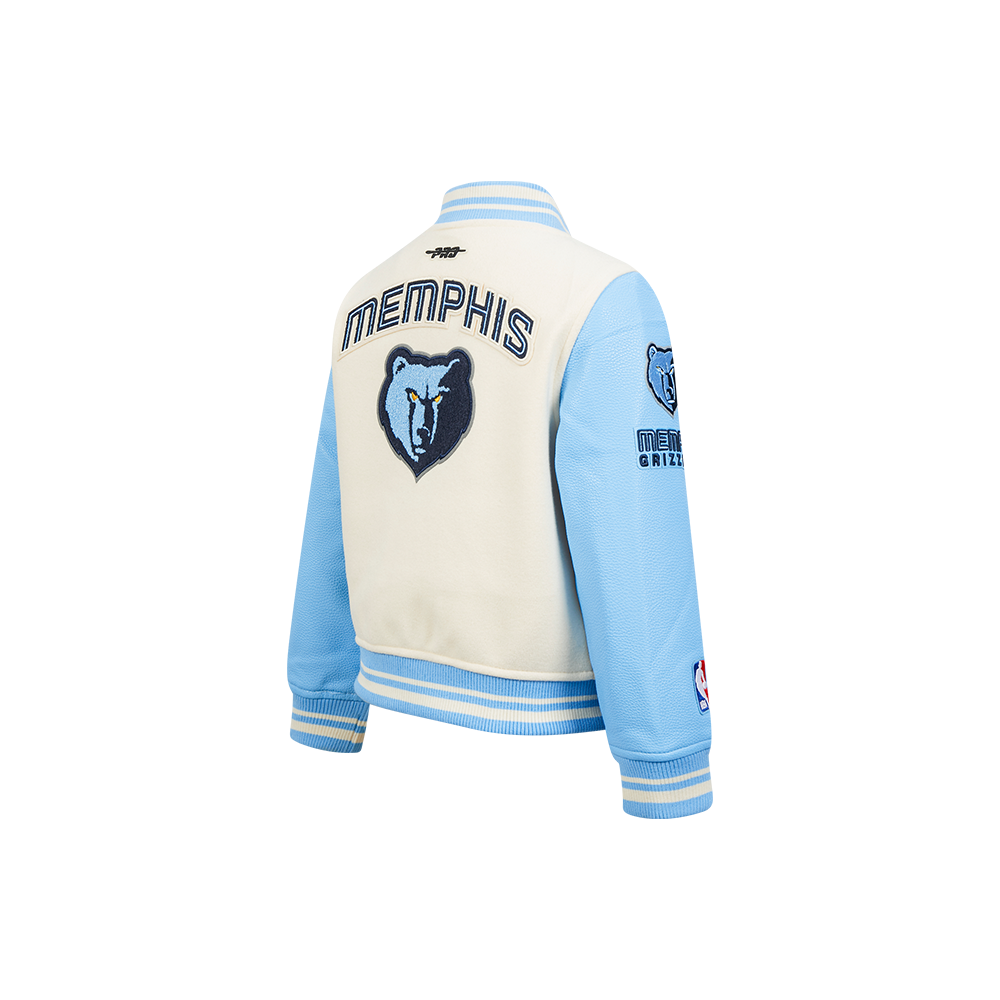 NBA MEMPHIS GRIZZLIES RETRO CLASSIC BLOUSON COLLÉGIAL EN LAINE À BORDS CÔTELÉS POUR GARÇON ENFANT (COQUILLE D'ŒUF/BLEU UNIVERSITÉ)