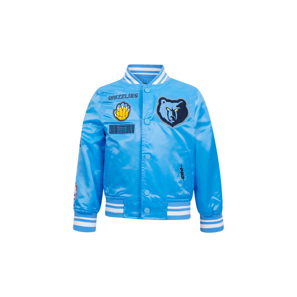 NBA MEMPHIS GRIZZLIES RETRO CLASSIC BLOUSON EN SATIN À BORDS CÔTELÉS POUR GARÇON BAMBIN (BLEU UNIVERSITÉ)