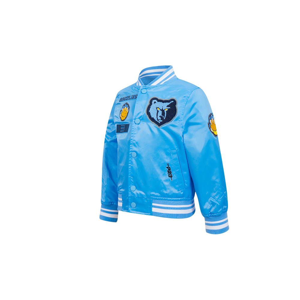 NBA MEMPHIS GRIZZLIES RETRO CLASSIC BLOUSON EN SATIN À BORDS CÔTELÉS POUR GARÇON BAMBIN (BLEU UNIVERSITÉ)