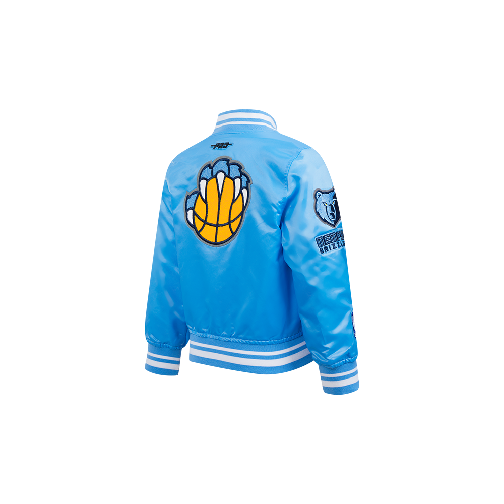NBA MEMPHIS GRIZZLIES RETRO CLASSIC BLOUSON EN SATIN À BORDS CÔTELÉS POUR GARÇON BAMBIN (BLEU UNIVERSITÉ)
