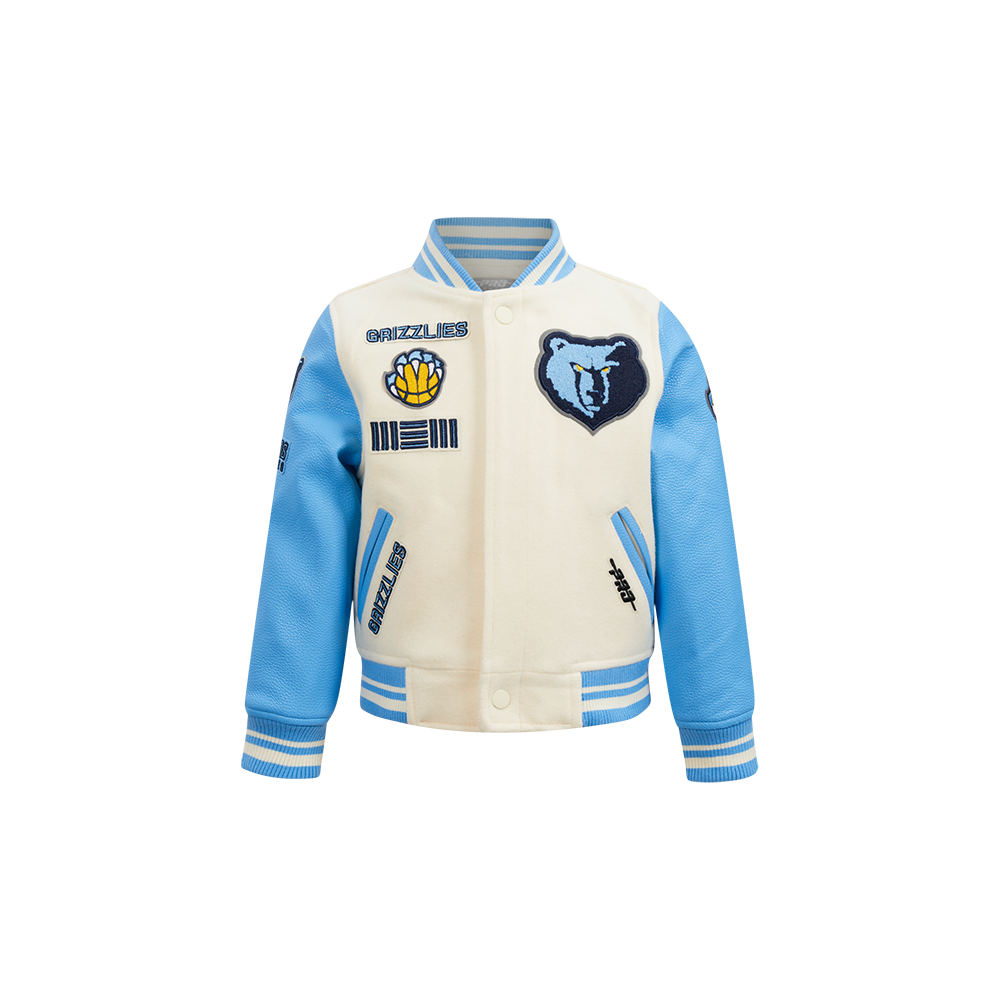 NBA MEMPHIS GRIZZLIES RETRO CLASSIC BLOUSON COLLÉGIAL EN LAINE À BORDS CÔTELÉS POUR GARÇON BAMBIN (COQUILLE D'ŒUF/BLEU UNIVERSITÉ)