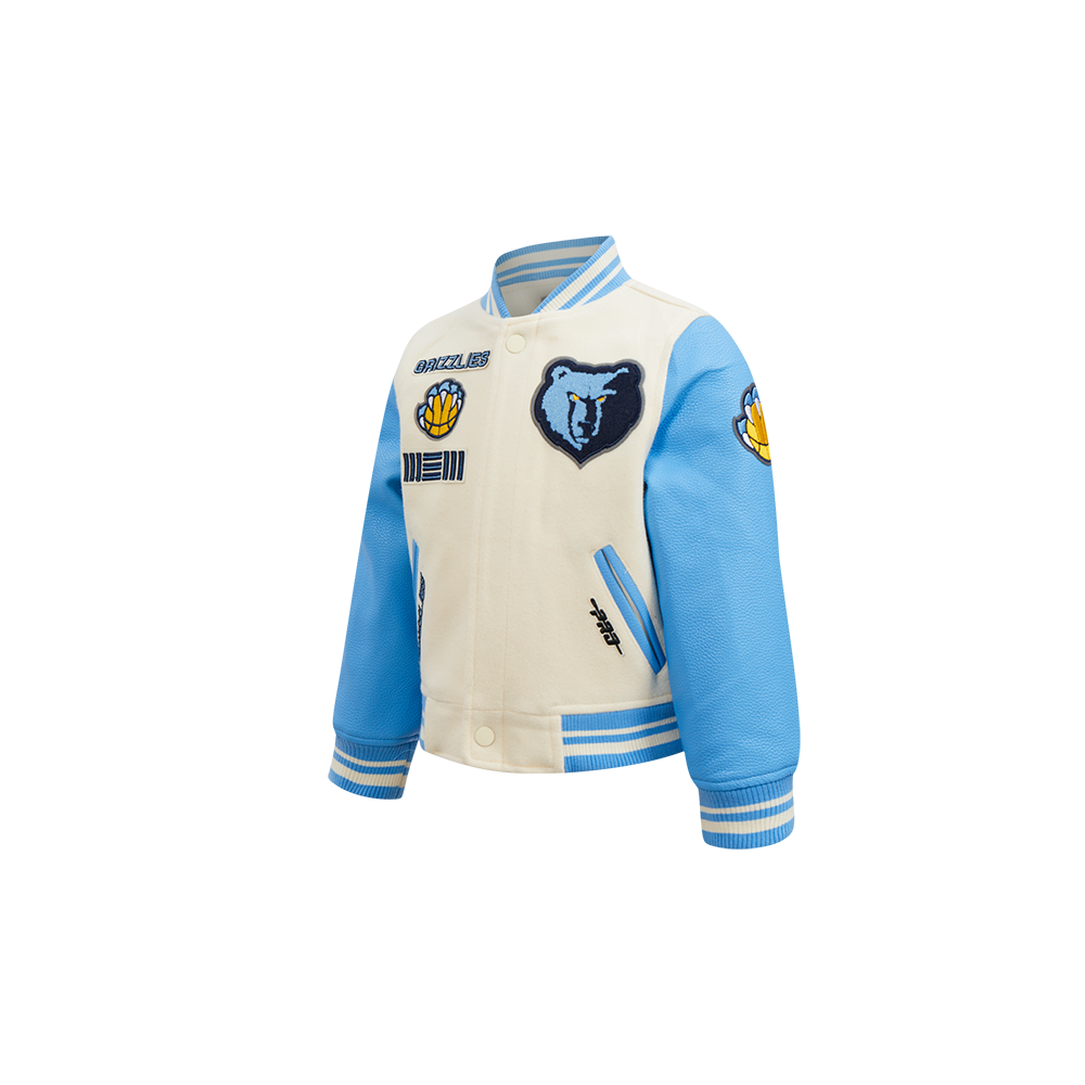 NBA MEMPHIS GRIZZLIES RETRO CLASSIC BLOUSON COLLÉGIAL EN LAINE À BORDS CÔTELÉS POUR GARÇON BAMBIN (COQUILLE D'ŒUF/BLEU UNIVERSITÉ)