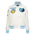 NBA MEMPHIS GRIZZLIES RETRO CLASSIC BLOUSON EN SATIN À BORDS CÔTELÉS POUR FEMME (COQUILLE D'ŒUF/BLEU UNIVERSEL)