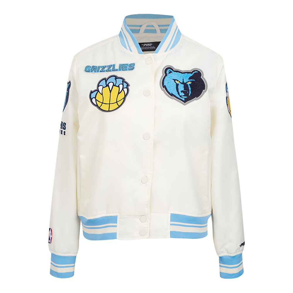 NBA MEMPHIS GRIZZLIES RETRO CLASSIC BLOUSON EN SATIN À BORDS CÔTELÉS POUR FEMME (COQUILLE D'ŒUF/BLEU UNIVERSEL)