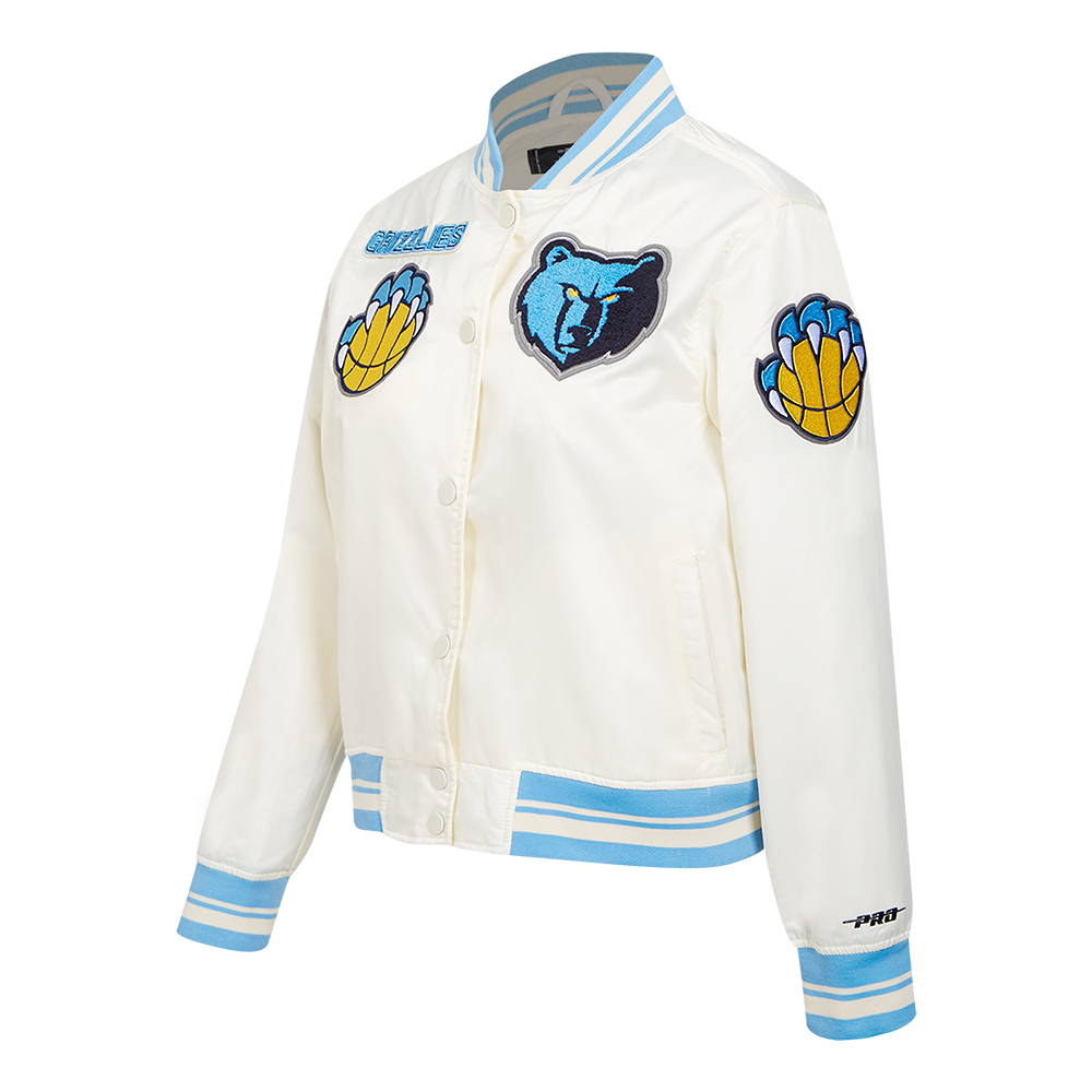 NBA MEMPHIS GRIZZLIES RETRO CLASSIC BLOUSON EN SATIN À BORDS CÔTELÉS POUR FEMME (COQUILLE D'ŒUF/BLEU UNIVERSEL)