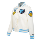 NBA MEMPHIS GRIZZLIES RETRO CLASSIC BLOUSON EN SATIN À BORDS CÔTELÉS POUR FEMME (COQUILLE D'ŒUF/BLEU UNIVERSEL)