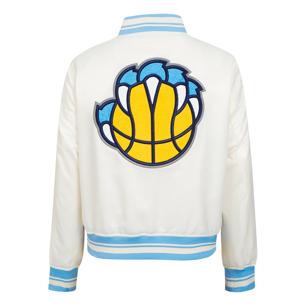 NBA MEMPHIS GRIZZLIES RETRO CLASSIC BLOUSON EN SATIN À BORDS CÔTELÉS POUR FEMME (COQUILLE D'ŒUF/BLEU UNIVERSEL)