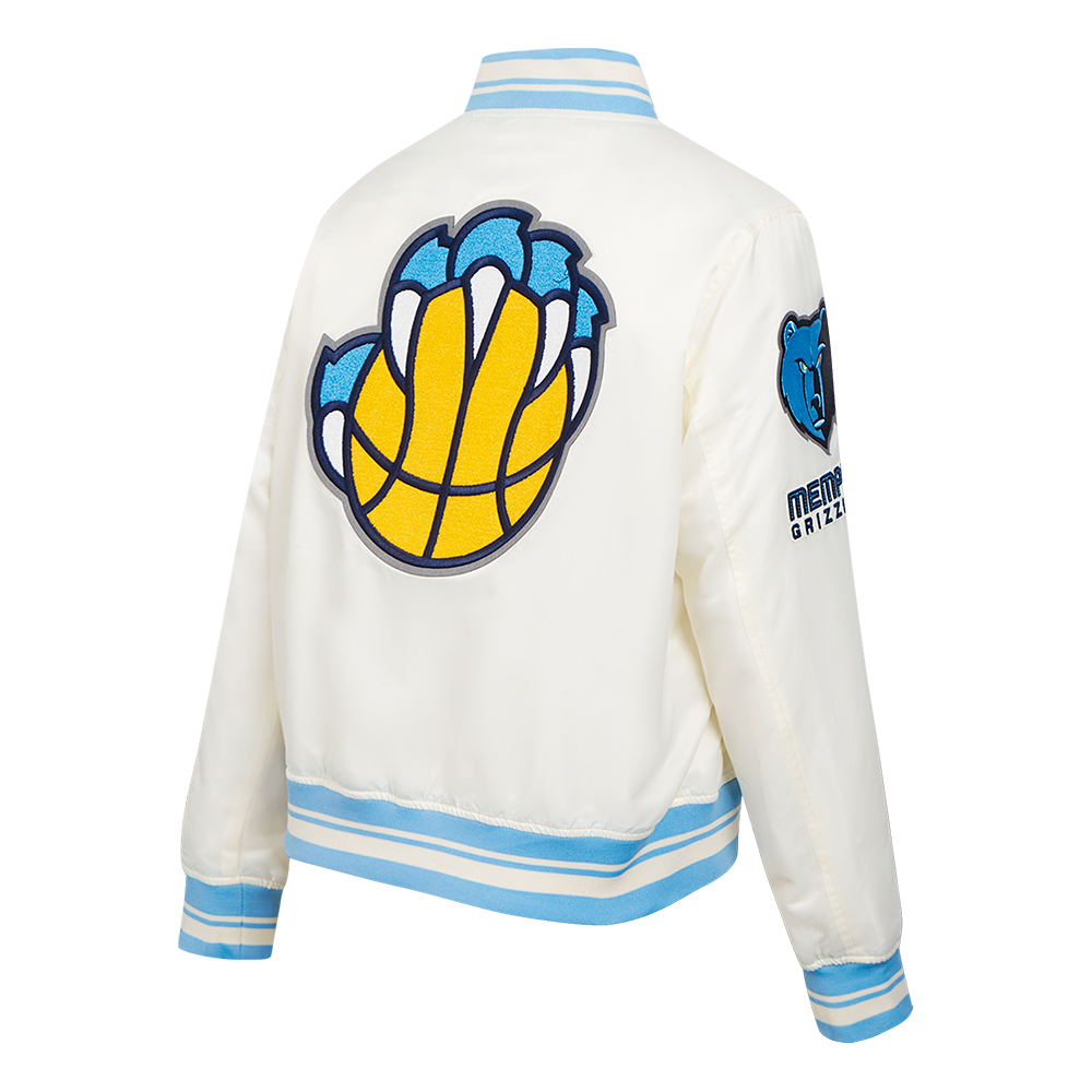 NBA MEMPHIS GRIZZLIES RETRO CLASSIC BLOUSON EN SATIN À BORDS CÔTELÉS POUR FEMME (COQUILLE D'ŒUF/BLEU UNIVERSEL)