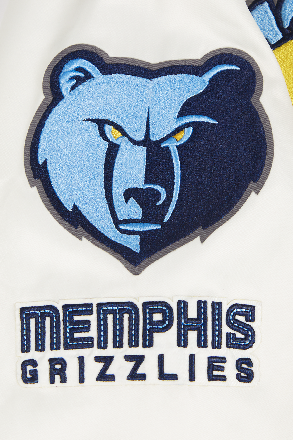 NBA MEMPHIS GRIZZLIES RETRO CLASSIC BLOUSON EN SATIN À BORDS CÔTELÉS POUR FEMME (COQUILLE D'ŒUF/BLEU UNIVERSEL)