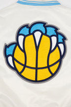 NBA MEMPHIS GRIZZLIES RETRO CLASSIC BLOUSON EN SATIN À BORDS CÔTELÉS POUR FEMME (COQUILLE D'ŒUF/BLEU UNIVERSEL)