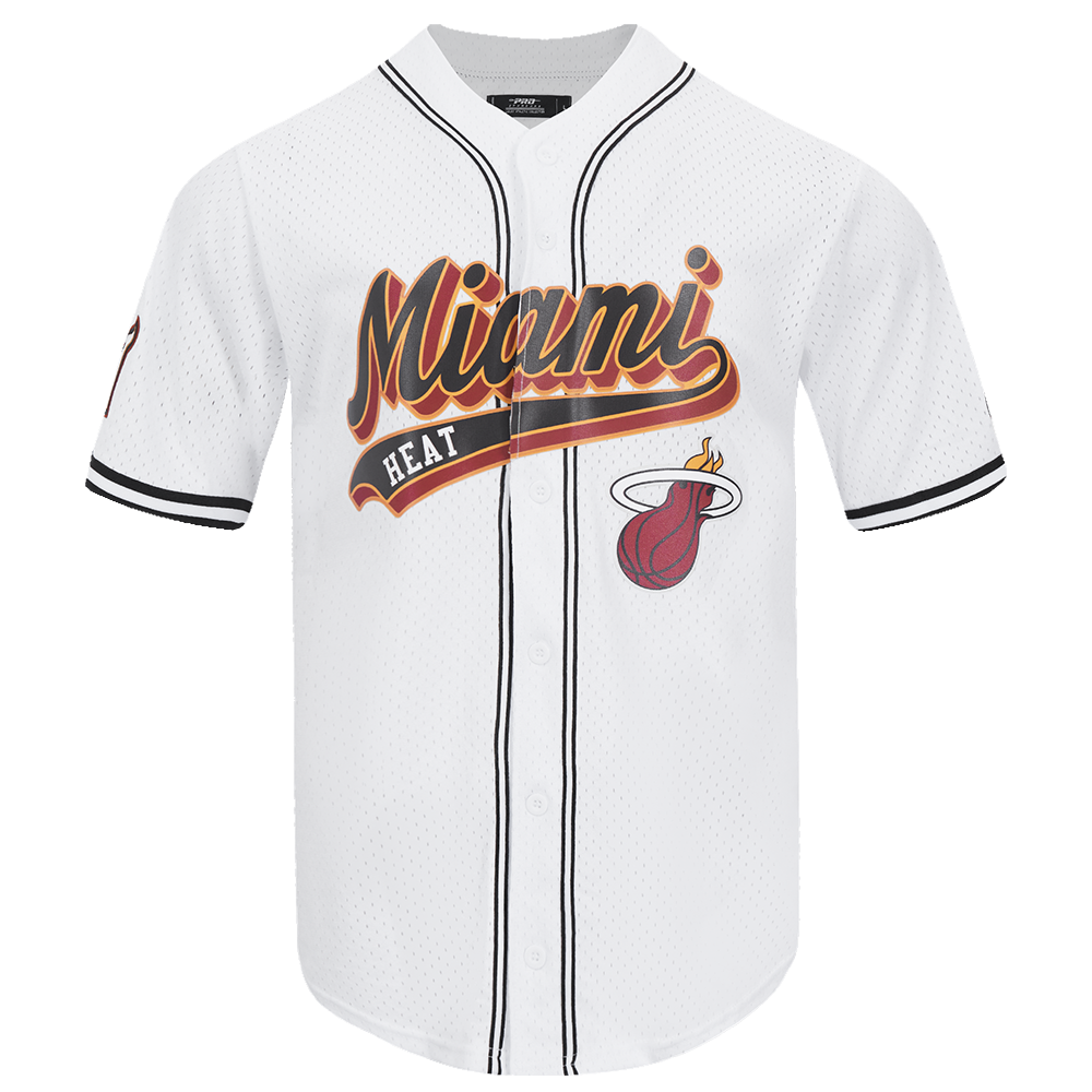 NBA MIAMI HEAT SCRIPT TAIL CHEMISE BOUTONNÉE EN FILET POUR HOMME (BLANC/NOIR/BLANC)