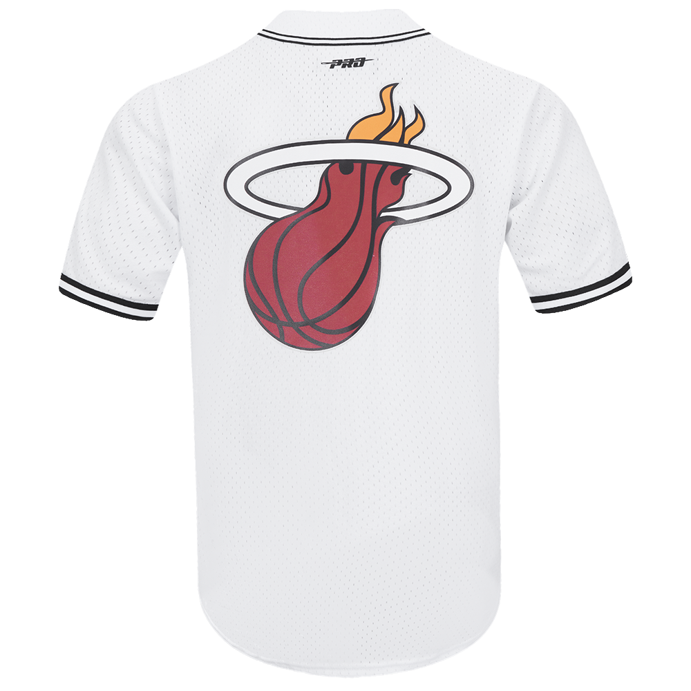 NBA MIAMI HEAT SCRIPT TAIL CHEMISE BOUTONNÉE EN FILET POUR HOMME (BLANC/NOIR/BLANC)