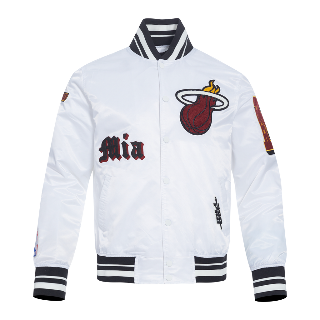 NBA MIAMI HEAT OLD ENGLISH MEN'S RIB SATIN JACKET (WHITE/BLACK)