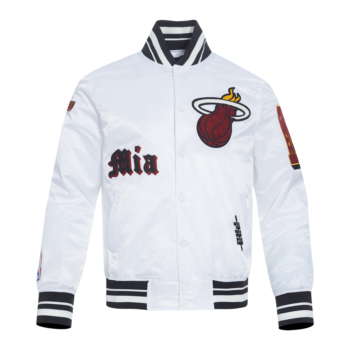 NBA MIAMI HEAT OLD ENGLISH BLOUSON EN SATIN À BORDS CÔTELÉS POUR HOMME (BLANC/NOIR)