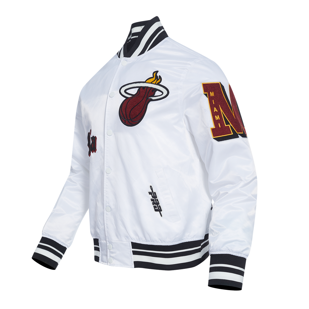 NBA MIAMI HEAT OLD ENGLISH BLOUSON EN SATIN À BORDS CÔTELÉS POUR HOMME (BLANC/NOIR)