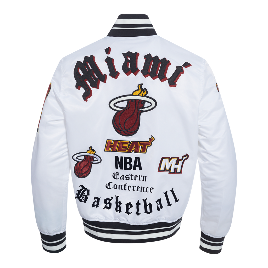 NBA MIAMI HEAT OLD ENGLISH MEN'S RIB SATIN JACKET (WHITE/BLACK)