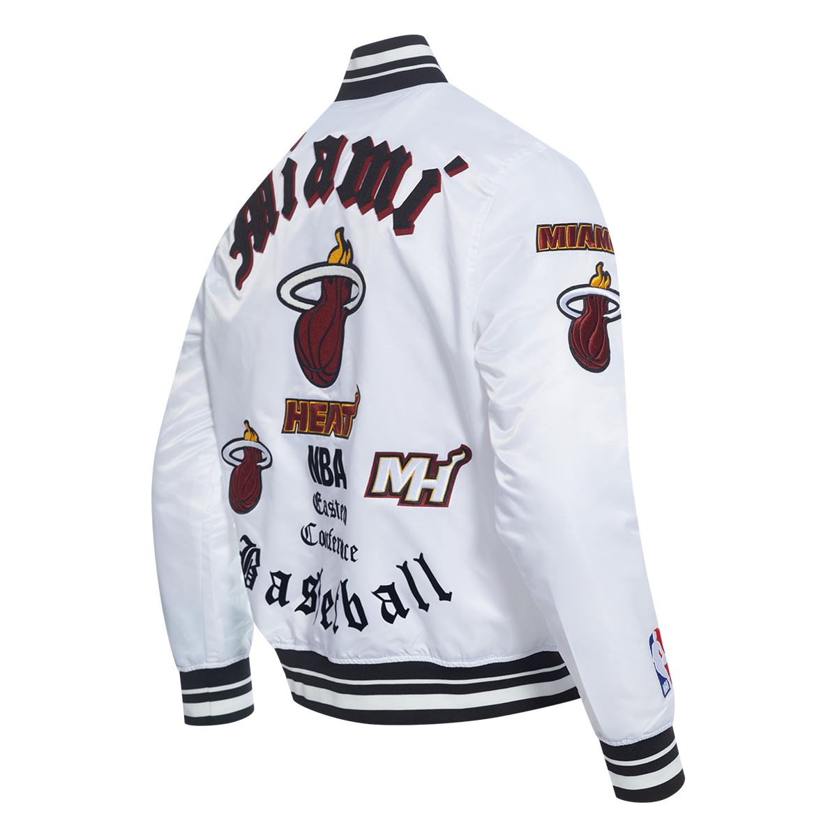 NBA MIAMI HEAT OLD ENGLISH MEN'S RIB SATIN JACKET (WHITE/BLACK)