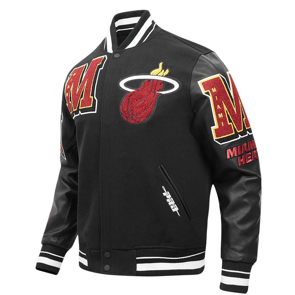 NBA MIAMI HEAT MASH UP BLOUSON COLLÉGIAL EN LAINE À BORDS CÔTELÉS POUR HOMME (NOIR)