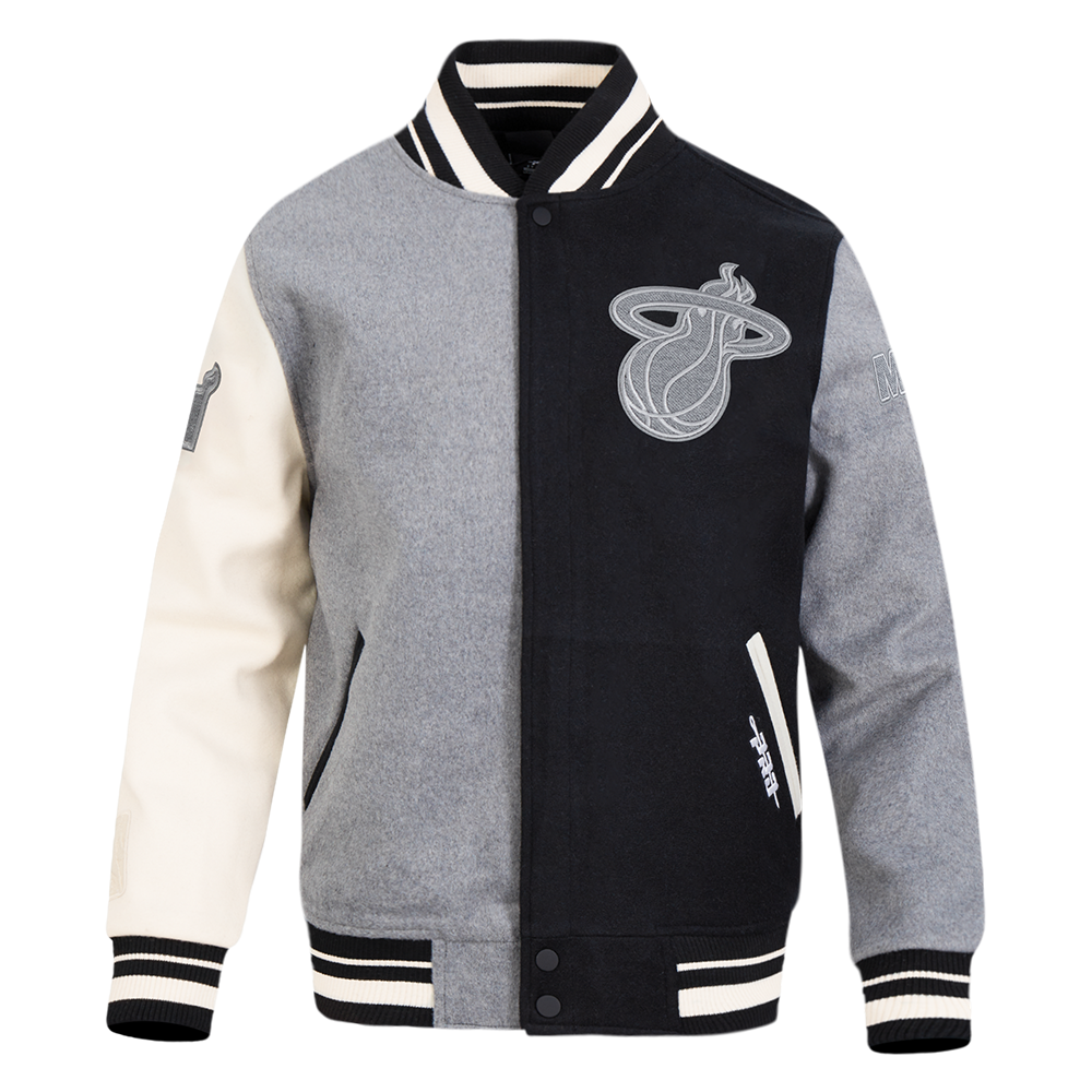 NBA MIAMI HEAT REVERSE FRENCH TERRY MEN'S CB WOOL VARSITY JACKET (BLACK/GRAY/EGGSHELL)