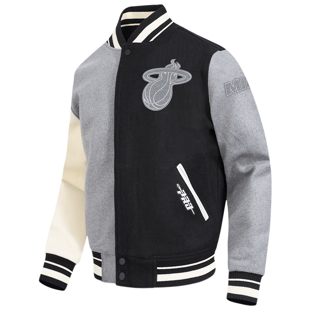NBA MIAMI HEAT REVERSE FRENCH TERRY MEN'S CB WOOL VARSITY JACKET (BLACK/GRAY/EGGSHELL)