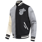 NBA MIAMI HEAT REVERSE FRENCH TERRY MEN'S CB WOOL VARSITY JACKET (BLACK/GRAY/EGGSHELL)
