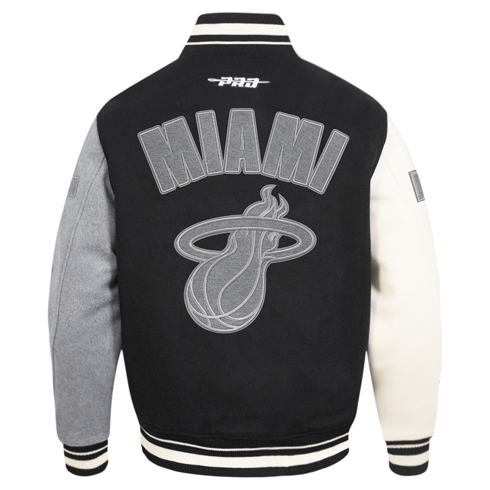 NBA MIAMI HEAT REVERSE FRENCH TERRY MEN'S CB WOOL VARSITY JACKET (BLACK/GRAY/EGGSHELL)