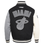 NBA MIAMI HEAT REVERSE FRENCH TERRY MEN'S CB WOOL VARSITY JACKET (BLACK/GRAY/EGGSHELL)