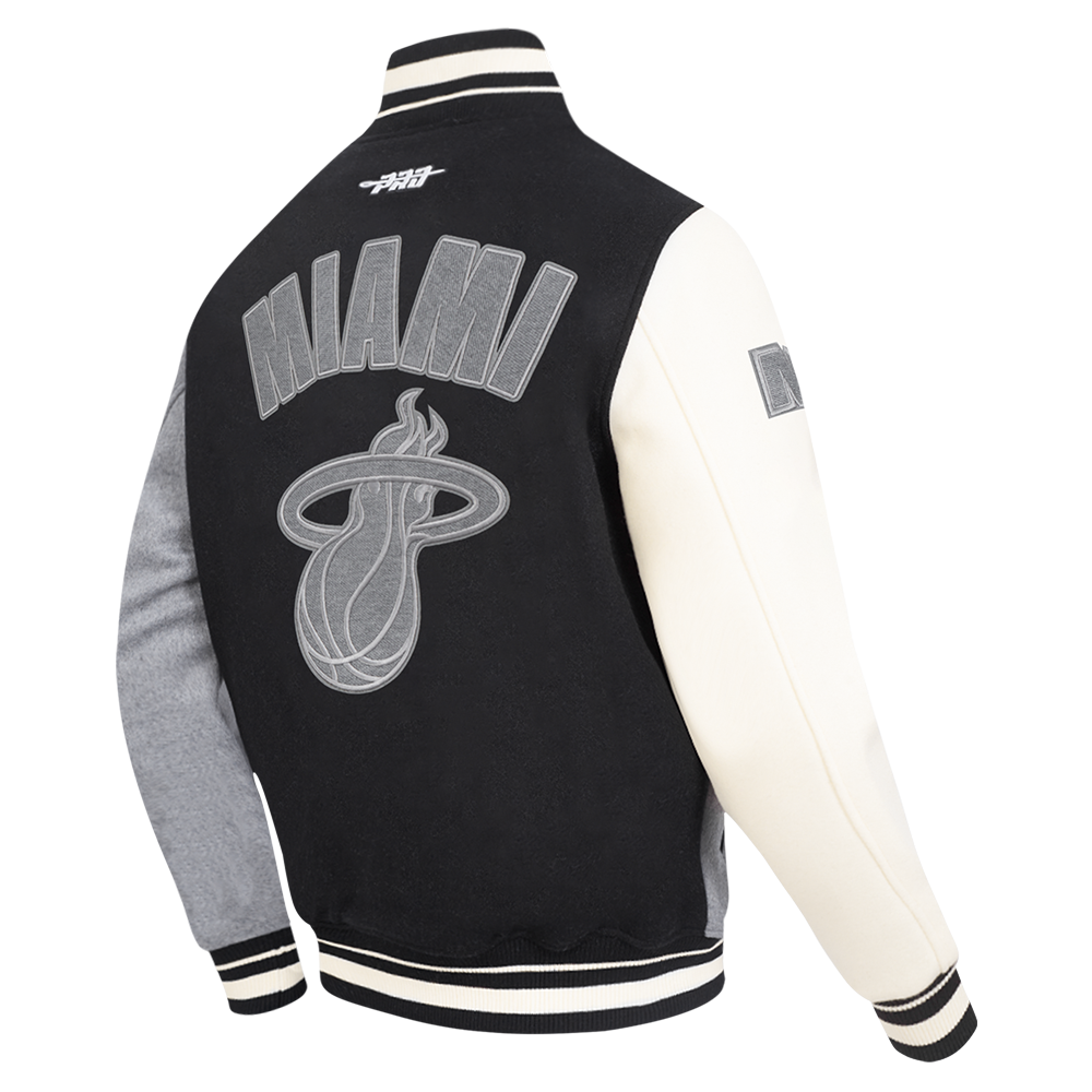NBA MIAMI HEAT REVERSE FRENCH TERRY MEN'S CB WOOL VARSITY JACKET (BLACK/GRAY/EGGSHELL)