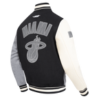 NBA MIAMI HEAT REVERSE FRENCH TERRY MEN'S CB WOOL VARSITY JACKET (BLACK/GRAY/EGGSHELL)