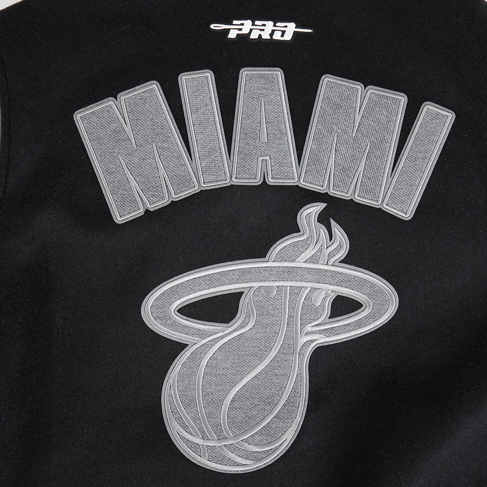 NBA MIAMI HEAT REVERSE FRENCH TERRY MEN'S CB WOOL VARSITY JACKET (BLACK/GRAY/EGGSHELL)