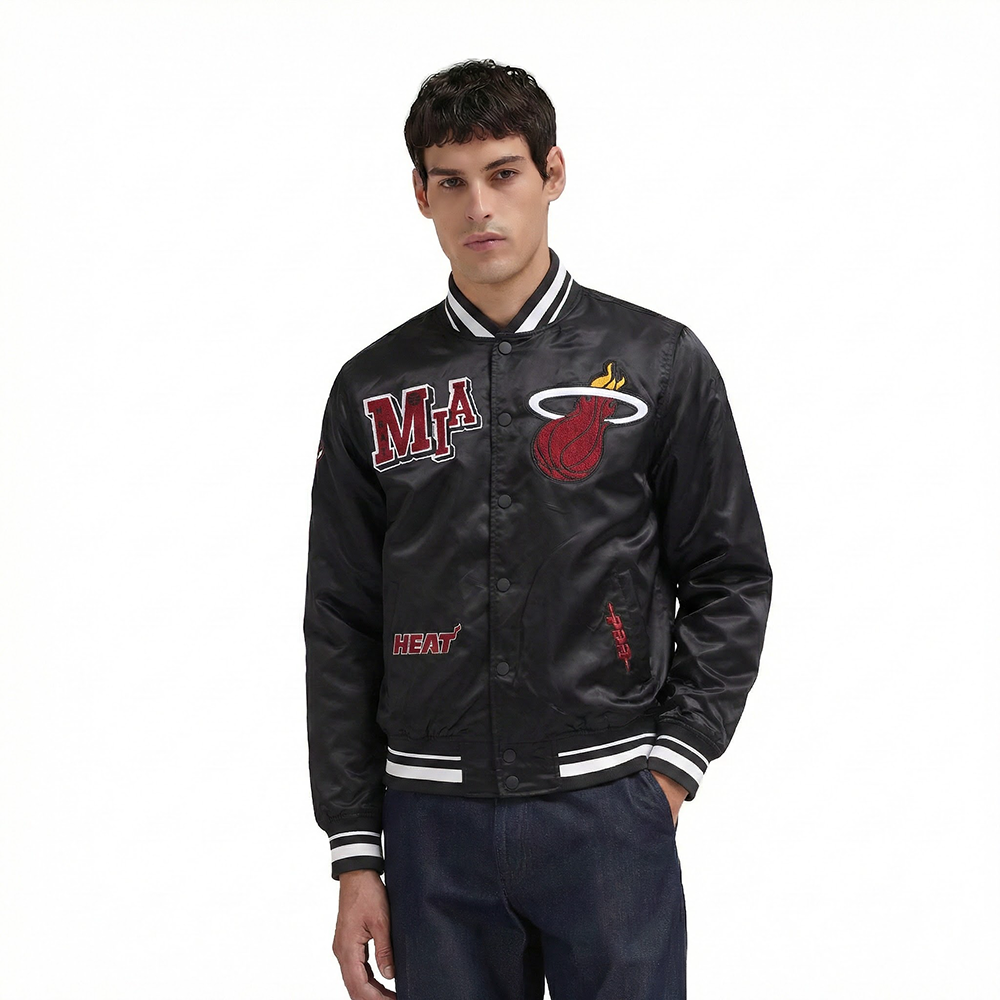 NBA MIAMI HEAT BEST OF BLOUSON EN SATIN À BORDS CÔTELÉS POUR HOMME (NOIR)
