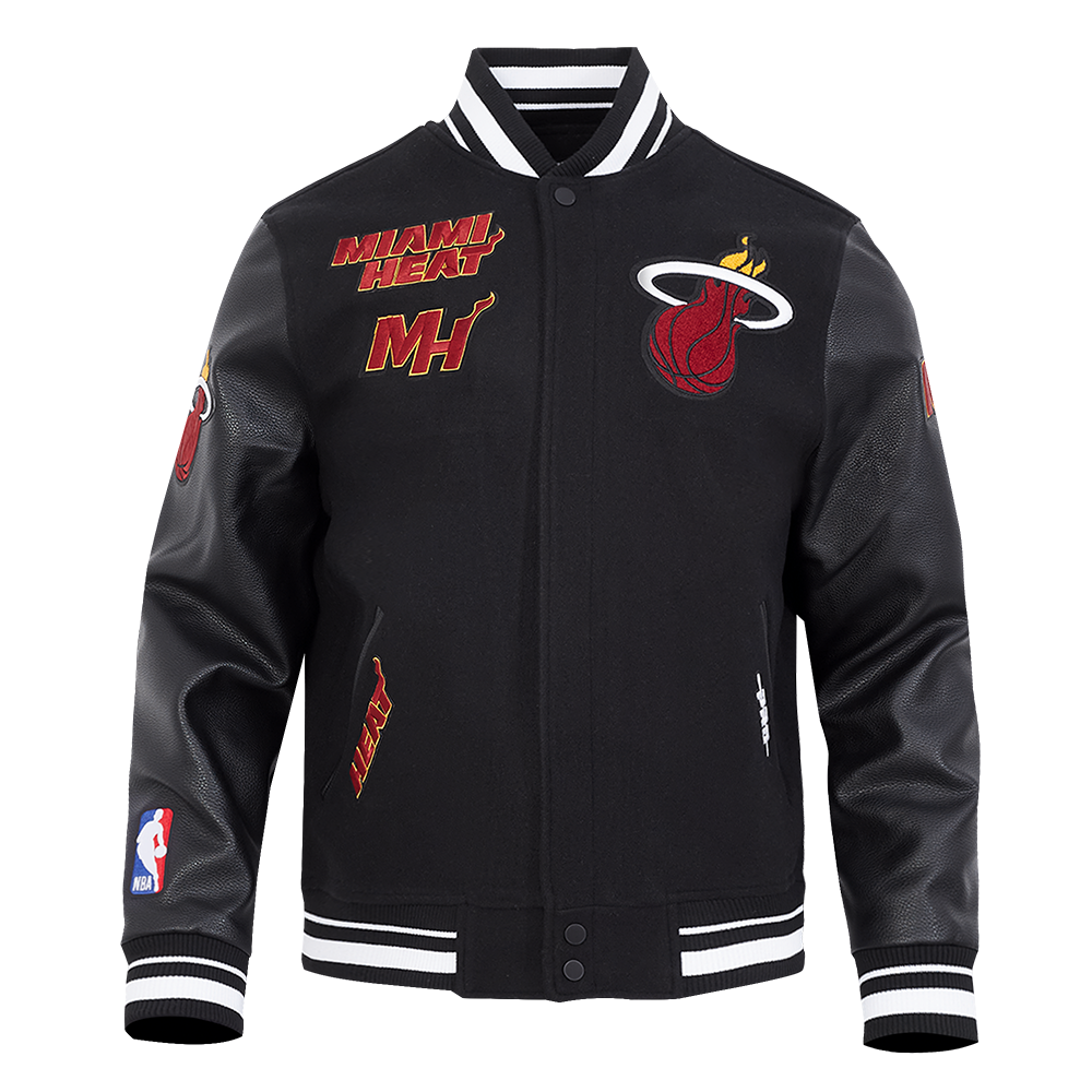 NBA MIAMI HEAT RETRO CLASSIC BLOUSON COLLÉGIAL EN LAINE À BORDS CÔTELÉS POUR HOMME (NOIR)