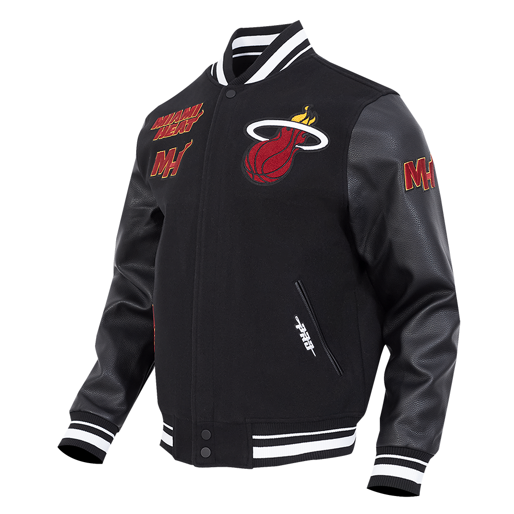 NBA MIAMI HEAT RETRO CLASSIC BLOUSON COLLÉGIAL EN LAINE À BORDS CÔTELÉS POUR HOMME (NOIR)