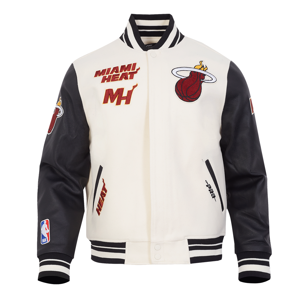 NBA MIAMI HEAT RETRO CLASSIC BLOUSON COLLÉGIAL EN LAINE À BORDS CÔTELÉS POUR HOMME (COQUILLE D'ŒUF/NOIR)