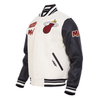 NBA MIAMI HEAT RETRO CLASSIC BLOUSON COLLÉGIAL EN LAINE À BORDS CÔTELÉS POUR HOMME (COQUILLE D'ŒUF/NOIR)