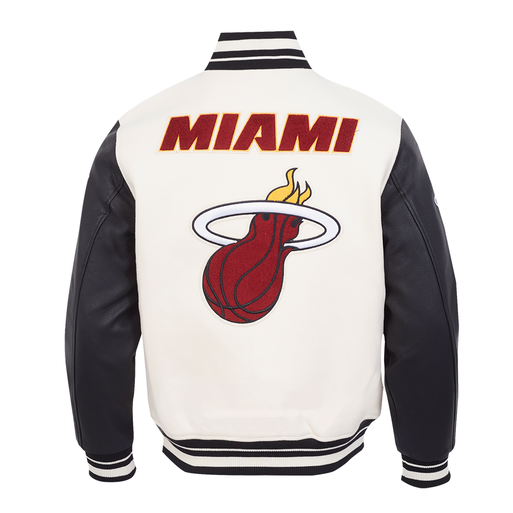 NBA MIAMI HEAT RETRO CLASSIC BLOUSON COLLÉGIAL EN LAINE À BORDS CÔTELÉS POUR HOMME (COQUILLE D'ŒUF/NOIR)