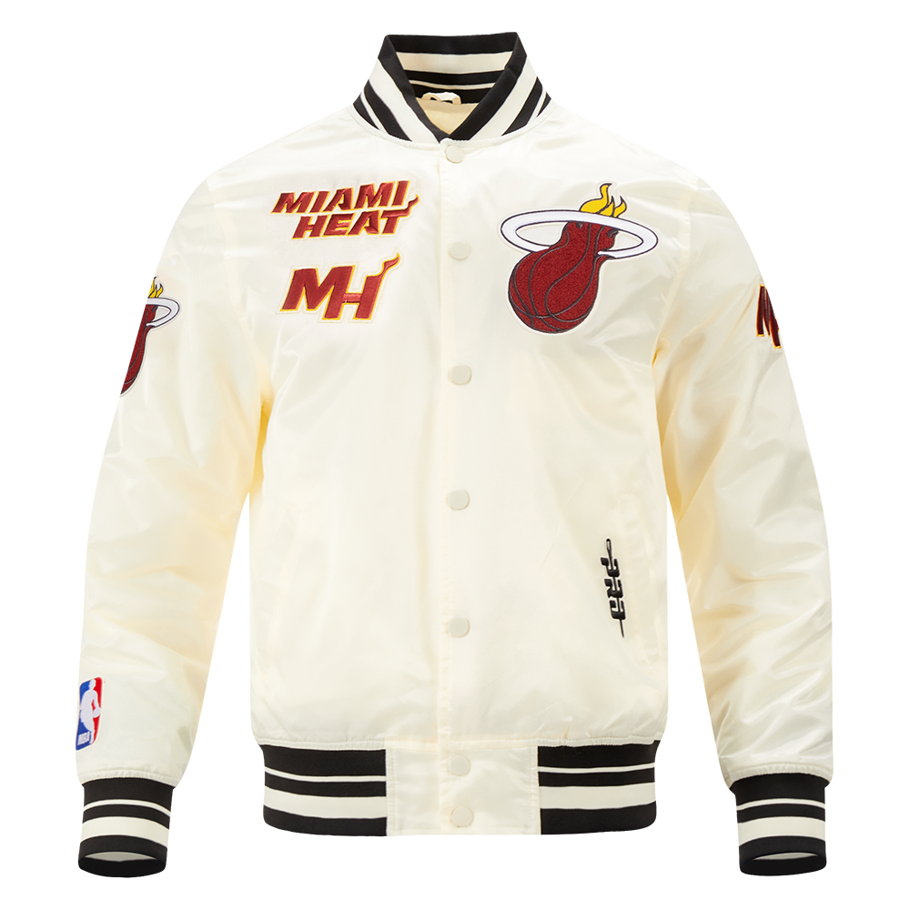NBA MIAMI HEAT RETRO CLASSIC BLOUSON EN SATIN À BORDS CÔTELÉS POUR HOMME (COQUILLE D'ŒUF/NOIR)