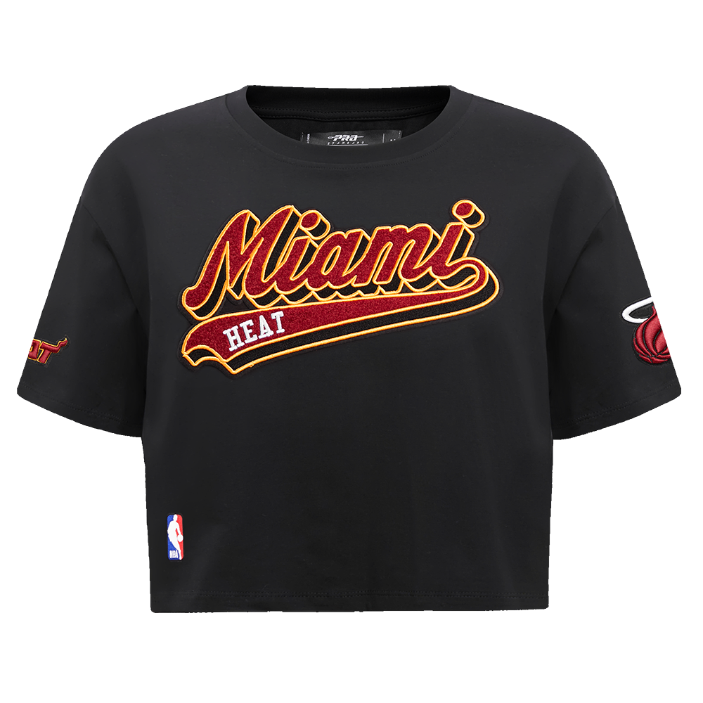 NBA MIAMI HEAT SCRIPT TAIL T-SHIRT EN JERSEY SIMPLE À COUPE CARRÉE POUR FEMME (NOIR)