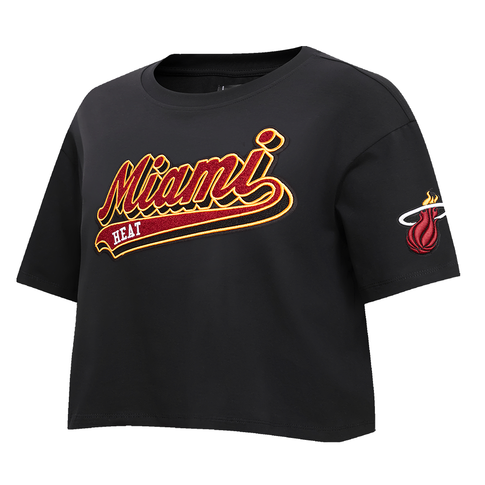 NBA MIAMI HEAT SCRIPT TAIL T-SHIRT EN JERSEY SIMPLE À COUPE CARRÉE POUR FEMME (NOIR)