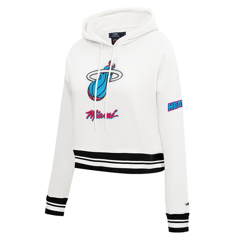 NBA MIAMI HEAT VICE CITY EDITION 24-25 WOMEN'S RIB FLEECE CROPPED PULLOVER HOODIE (WHITE/BLACK)