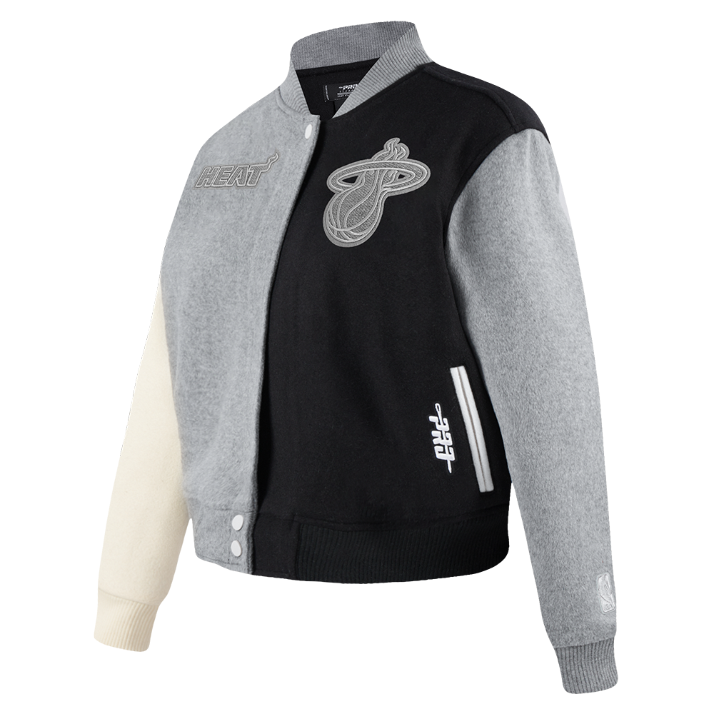 NBA MIAMI HEAT REVERSE FRENCH TERRY WOMEN'S WOOL VARSITY JACKET (BLACK/GRAY/EGGSHELL)