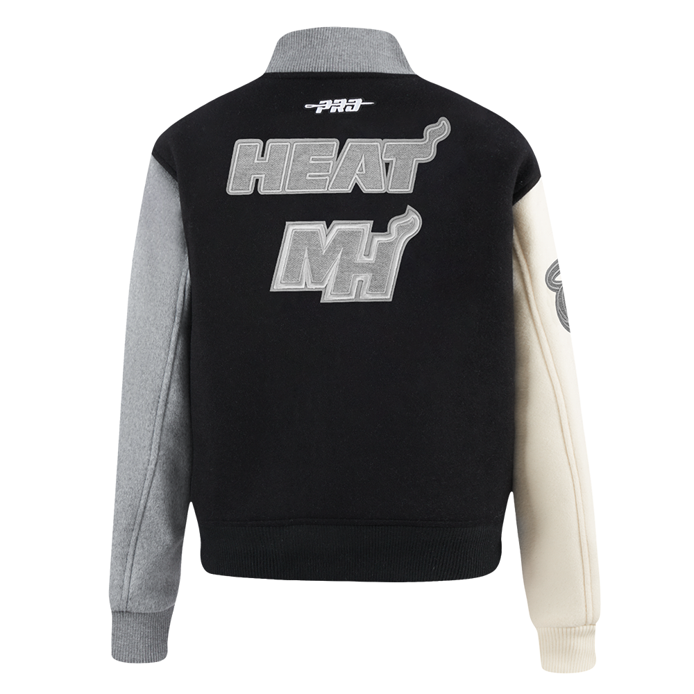 NBA MIAMI HEAT REVERSE FRENCH TERRY WOMEN'S WOOL VARSITY JACKET (BLACK/GRAY/EGGSHELL)