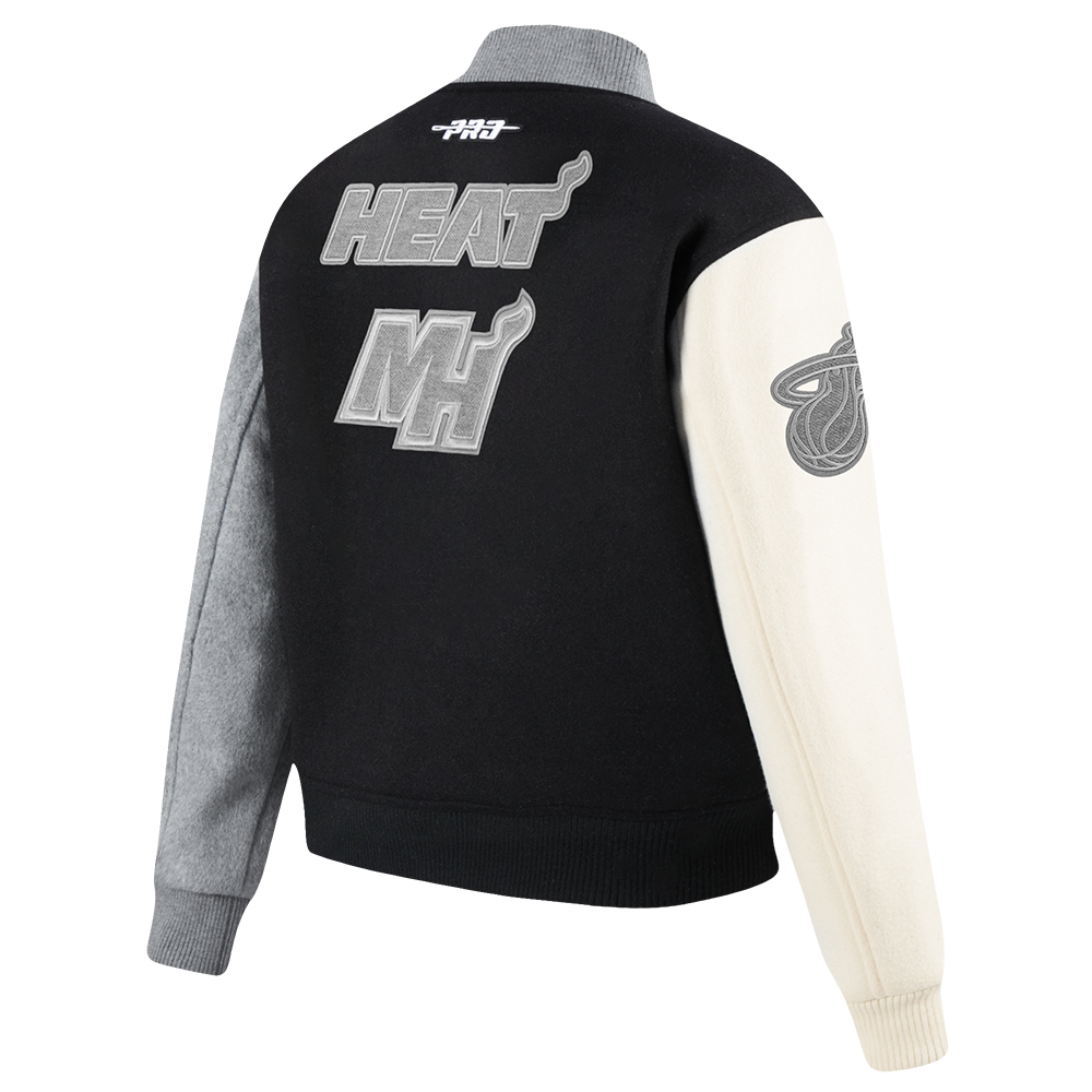 NBA MIAMI HEAT REVERSE FRENCH TERRY WOMEN'S WOOL VARSITY JACKET (BLACK/GRAY/EGGSHELL)