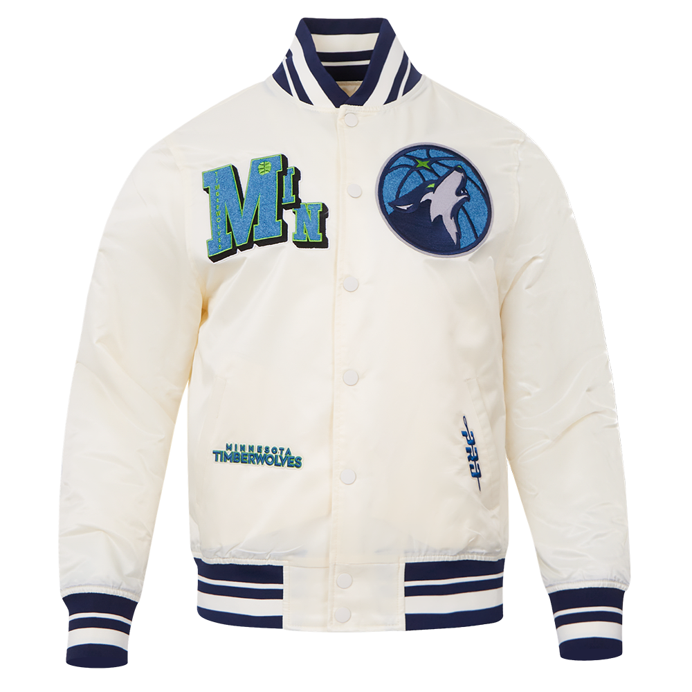 NBA MINNESOTA TIMBERWOLVES BEST OF BLOUSON EN SATIN À BORDS CÔTELÉS POUR HOMME (COQUILLE D'ŒUF/MARINE MINUIT)
