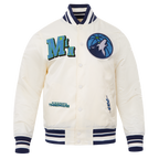 NBA MINNESOTA TIMBERWOLVES BEST OF BLOUSON EN SATIN À BORDS CÔTELÉS POUR HOMME (COQUILLE D'ŒUF/MARINE MINUIT)