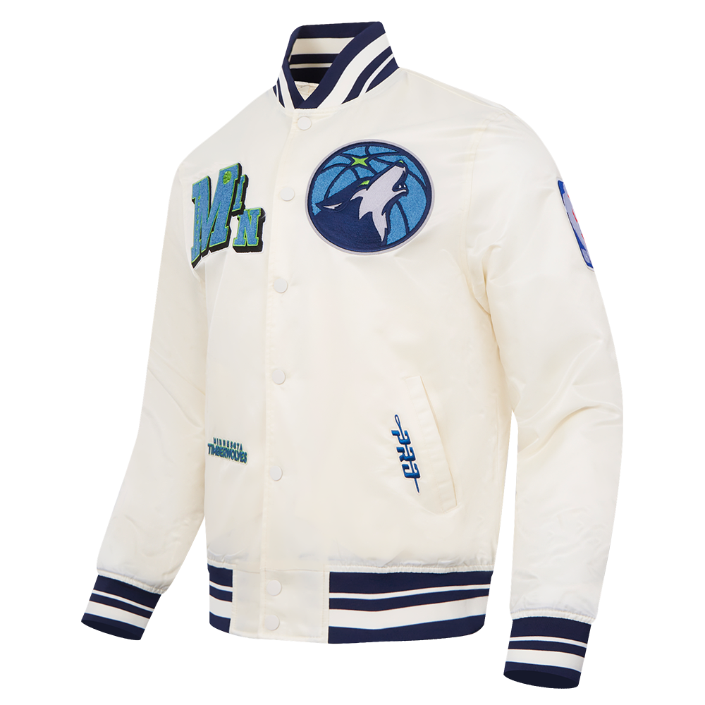 NBA MINNESOTA TIMBERWOLVES BEST OF BLOUSON EN SATIN À BORDS CÔTELÉS POUR HOMME (COQUILLE D'ŒUF/MARINE MINUIT)