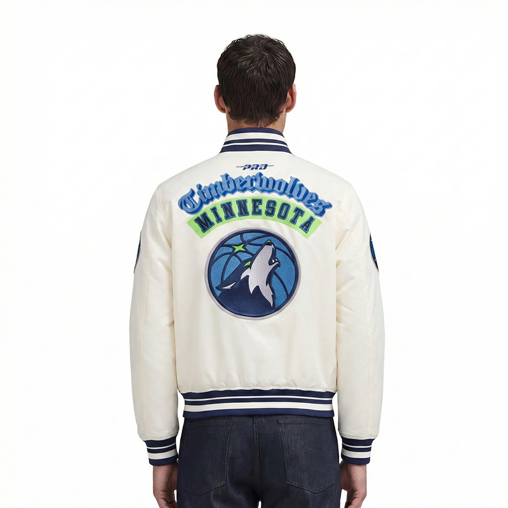 NBA MINNESOTA TIMBERWOLVES BEST OF BLOUSON EN SATIN À BORDS CÔTELÉS POUR HOMME (COQUILLE D'ŒUF/MARINE MINUIT)